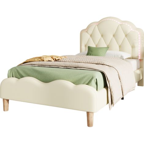 Letto per Bambini Letto Singolo con LED Multicolore e Testiera Ondulata 90×200 cm, senza Materasso, PU, Beige (1/5)
