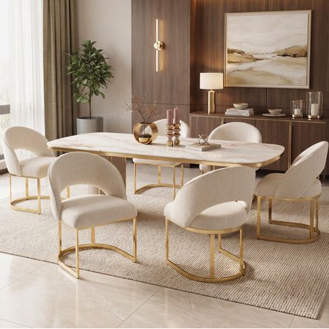 Lot de 6 chaises de salle à manger en bouclé beige et doré, pieds en métal galvanisé OKWISH (1/5)