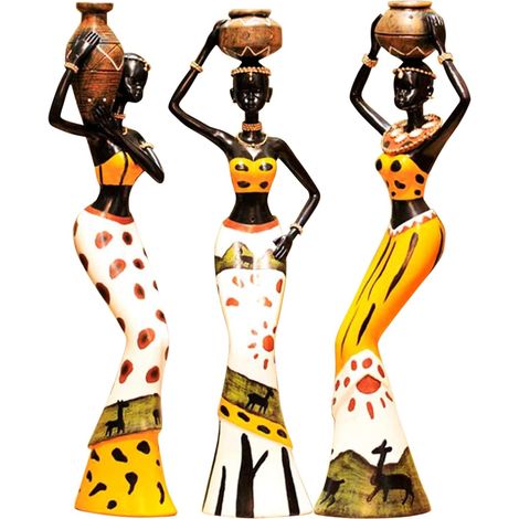 Lot de 3 Statues, Résine, Design tribal africain, Figurine décorative, Pour salon, bureau, cadeau (1/5)