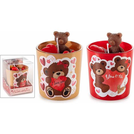 Candele in vasetto di vetro con decori orsetto e cuori in 3D, set da 4 pezzi, Ø 7 cm x 9 H