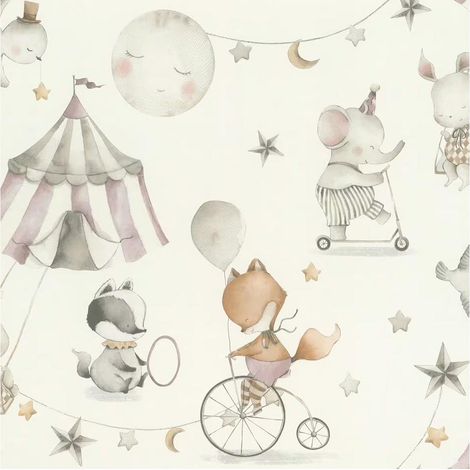 Animals Carnival Wallpaper Kids Nursery Bedroom Pink Circus White Feature Wall (1/4)