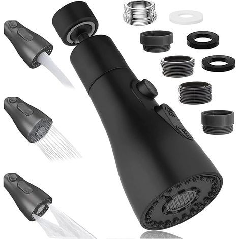 Aérateur de Robinet Pivotant à 360°, Embout Robinet Cuisine avec 3 Modes, Douchette Mousseur Robinet Economie Eau, Adaptateur de Rallonge de TêTe de Robinet Salle De Bain lavabo (Noir) (1/5)