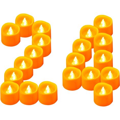 Lot de 24 bougies chauffe-plat LED orange à piles, sans flamme vacillante, alimentées par piles, fausses bougies électriques d'extérieur en vrac pour Noël, Halloween, décorations en forme de (1/5)
