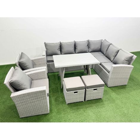 Fimous 10 Seater Garden Outdoor Rattan Furniture Set Rattan Corner Sofa Oblong Dining Table with 2 Armchairs 2 Small Footstools Light Grey Mixed (1/4)
