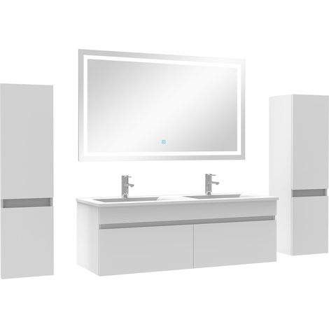 Ocean meuble Salle de Bain 120cm vasque + colonne + miroir lumineux Blanc (1/5)