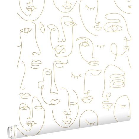 papier peint visages Line Art blanc et or brillant  - ESTAhome (1/5)