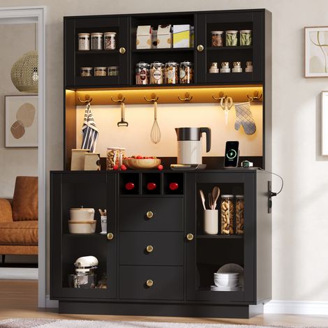 Meuble de cuisine, armoire haute avec éclairage LED et prises électriques, meuble garde-manger à 3 tiroirs et 4 placards, vitrine pour salon et salle à manger, 120 × 40 × 170 cm (1/5)