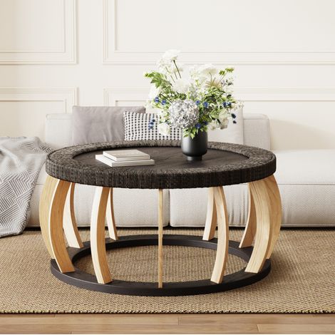 Couchtisch 90x90x43 cm Schwarzbraun aus Massivholz und MDF mit Rattandetail und runder Form (1/5)