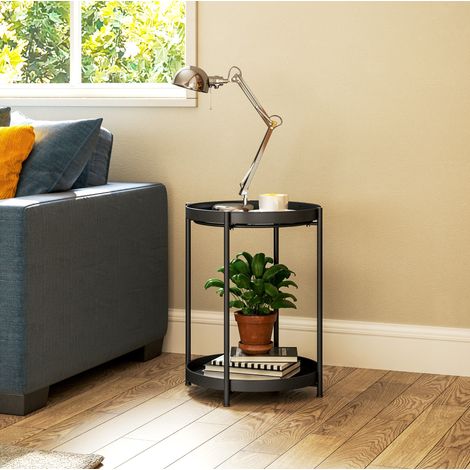 Table d’appoint ronde 44x44x56 cm noire en acier avec 2 niveaux et pieds réglables (1/5)