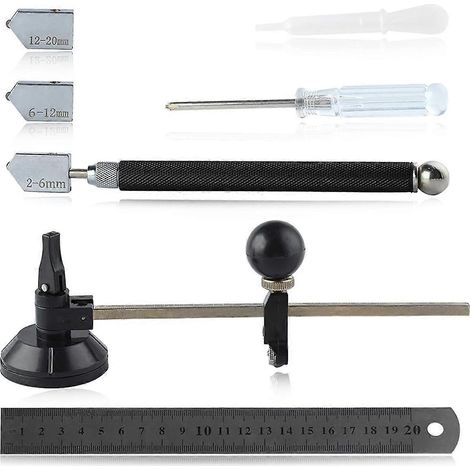 Ensemble de 7 outils de coupe-verre comprenant un coupe-verre circulaire réglable avec poignée à bouton rond et ventouse. (1/5)