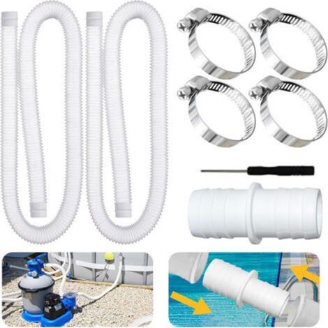 Lot de 2 Tuyaux de Piscine 32 mm . Avec 4 Clips de Sécurité et 1 Raccord de Tuyau. Tuyau de Piscine de 150 cm et 32 mm. Pour Pompe de Filtration et Piscine