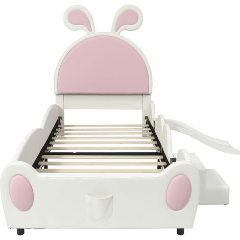 Letto imbottito per bambini 90x200 cm con scivolo e scala, orecchie di coniglio, bianco e rosa (1/5)