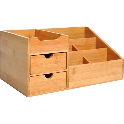 Caja de almacenamiento de oficina - Organizador de escritorio - 7 compartimentos, 2 cajones - Bambú barnizado, bambú (1/4)