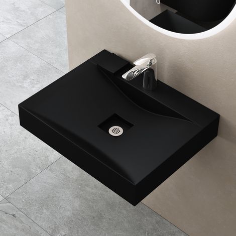 doporro Vasque à Poser 60cm avec Bonde Lavabo Suspendu Noir Mat Colossum810 Fonte Minérale Solid Surface 60x48x12cm