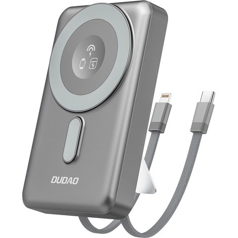 Batería externa Dudao K29 de 10000 mAh PD de 20 W MagSafe con carcasa metálica, soporte y cables USB-C/Lightning integrados - Gris