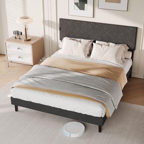 Letto matrimoniale 160x200 cm, con testiera testurizzata unica, moderno giroletto in tessuto di lino, rete a doghe inclusa, design minimalista per camera da letto per adulti - Grigio
