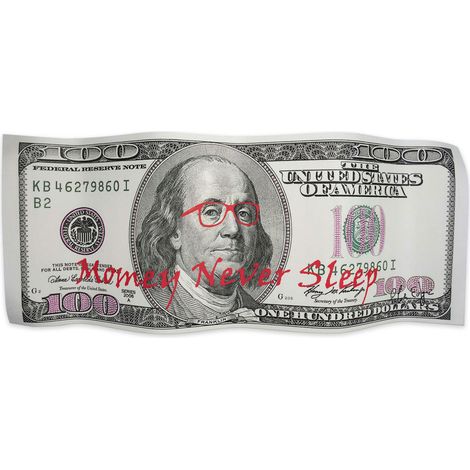 Cuadro, Escultura mural Pop Art sobre panel de aluminio decorado MONEY NEVER SLEEP 93x40cm  - SpazioLuzio