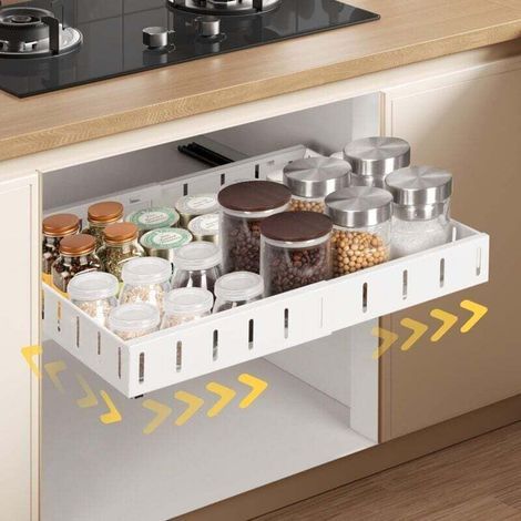 Schubladenschrank Küche, Klebender Schubladenschrank, Ausziehbarer Küchenschubladenschrank (29-48 cm), Klebender Küchenschubladenschrank, Kein Bohren oder Nageln erforderlich - Weiß (1/4)