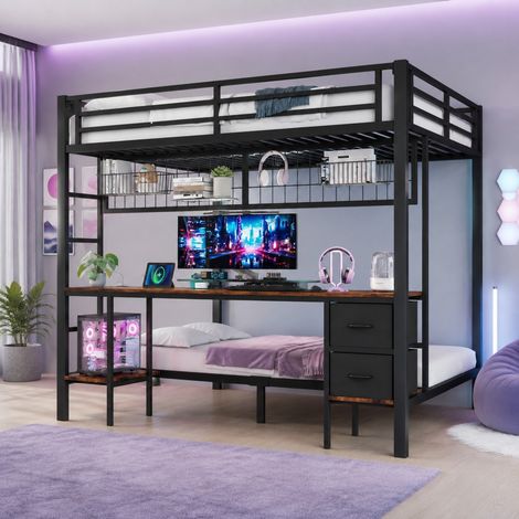Hochbett 140x200 cm Schwarz aus Metall mit Schreibtisch, Schubladen, Ablage und LED-Leiste (1/5)