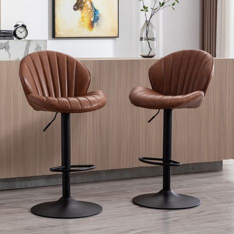 Wahson Lot de 2 tabourets de bar réglables en cuir PU – Dossier incurvé pour confort – Hauteur d'assise 64,5-85 cm – Base métal stable, Marron