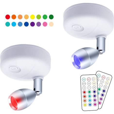 SABIR Projecteur LED sans fil à piles avec télécommande, éclairage de jeu de fléchettes Lampe d'accent pour éclairage de photos rotatives pour escalier de cuisine de peinture miroir,2 pièces, blanche, (1/2)