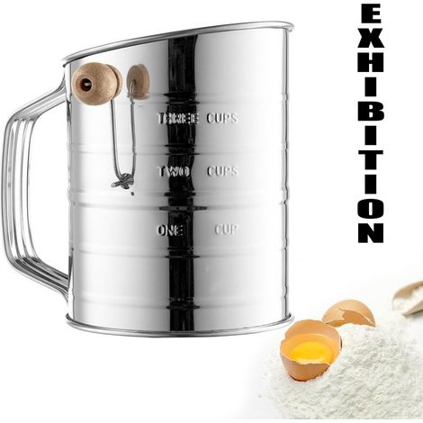 Tamis À Farine - Acier Inoxydable - Capacité 3 Tasses (720 ml) - Manivelle Rotative - Agitateur À 2 Fils - Marquages De Volume - 1 Pièce (1/5)