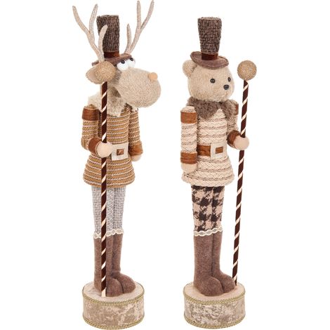 Conjunto de 2 figuritas decorativas de cascanueces oso y reno decoración navideña hecho a mano beige Hamari (1/5)