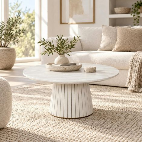 Table basse ronde bois beige à pied rainuré Ø80 cm CALERO (1/4)