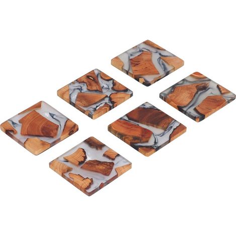 Set mit 6 holzfarbenen Untersetzern, isolierend und innovativ, für Tischdekoration und kreative Hobbys. Quadratische Form. (1/5)
