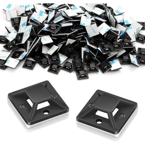 Supports de câble autocollants 20 mm x 20 mm – 120 pièces, en plastique noir avec dos adhésif 3M (1/4)