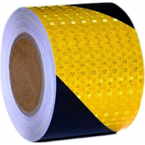 – Nastro di segnalazione riflettente giallo e nero 5 cm x 25 m – Pellicola in PVC ad alta visibilità – Resistente all'usura e impermeabile – Visibilità diurna e notturna – 5 cm x 25 m (1/4)