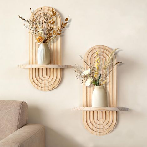 2 pcs Étagères en Bois pour la Décoration Murale Étagère Murale Bohème Moderne Support Mural en Bois pour la Cuisine, la Chambre, la Salle de Bain, Salon,Dortoir (1/5)
