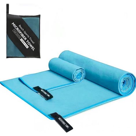 Ensemble de 2 serviettes de sport en microfibre double face, bleu clair, avec housse zippée