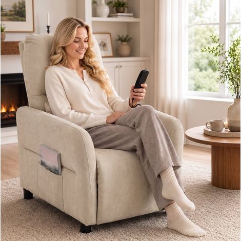 MODFU – Poltrona relax massaggiante riscaldante in poliestere con inclinazione 135°, poggiapiedi e 8 punti massaggio – Beige (1/5)