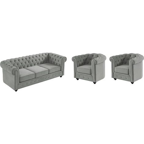 Vente-Unique – Canapé droit 3 places CHESTERFIELD – Velours gris clair – Dossier capitonné – Charge maximale 360 kg – Livré monté (1/5)