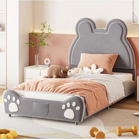 Cama infantil tapizada 90/200 cm gris de terciopelo con diseño de oso (1/5)