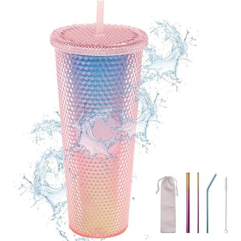 gobelet à rivets, avec couvercle et paille, 710 ml, réutilisable, en plastique, à double paroi, froid, voyage, café glacé, eau à emporter, rose (1/5)