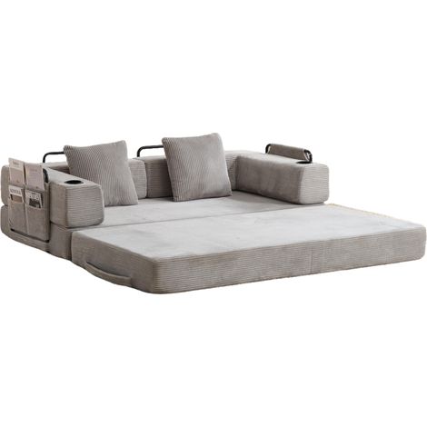 Faltbares Bodenschlafsofa aus Cord, Hellgrau, 185 x 92,5 x 60 cm (1/5)
