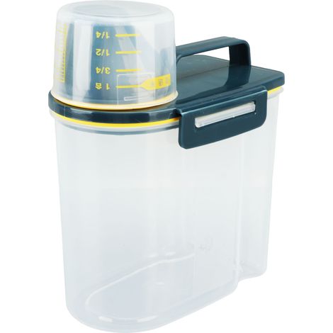 Boîte de rangement pour riz, céréales, distributeur, couvercle hermétique, bec verseur, récipient de conservation des aliments avec verre doseur, transparent, 1,5 kg, vert