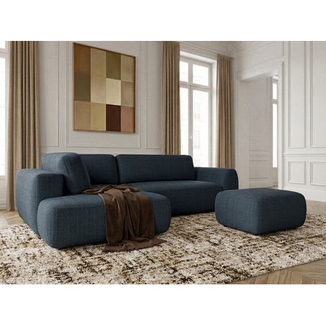 BOBOCHIC - Canapé angle L convertible coffre DENISE tissu texturé avec pouf Angle gauche  Bleu foncé (1/5)