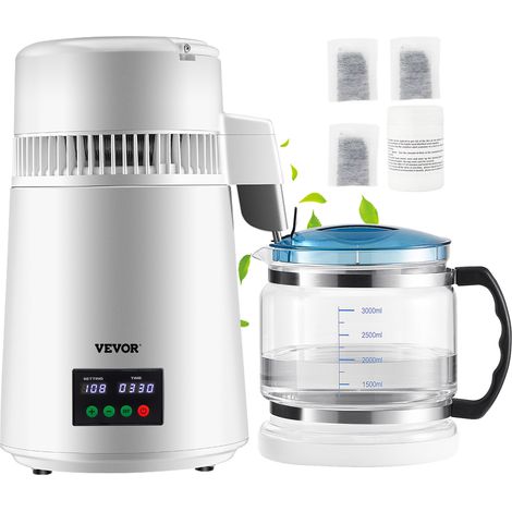 VEVOR Destilador de Agua 4L Filtro de Destilación de Agua con Recipiente de Plástico 750W 1L/H Ajuste de Velocidad, Destilación Filtro Purificador 3582 g de Acero Inoxidable con Pantalla Doble, Blanco