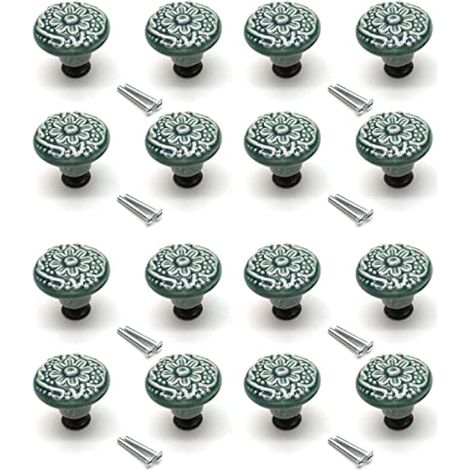 Lot de 16 boutons de porte décoratifs en céramique avec vis de montage sculptées Vert 3,3 cm (1/4)