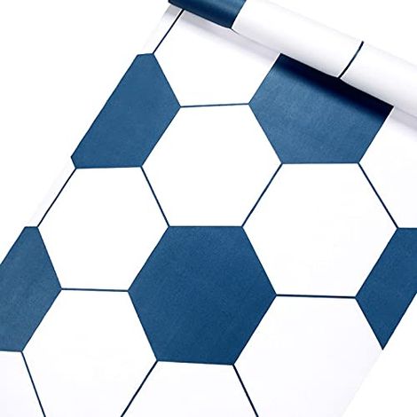 Papel pintado autoadhesivo para suelos de cocina, con estampado hexagonal azul y blanco, despegable, para decoración de interiores (300 cm x 60 cm) (1/5)