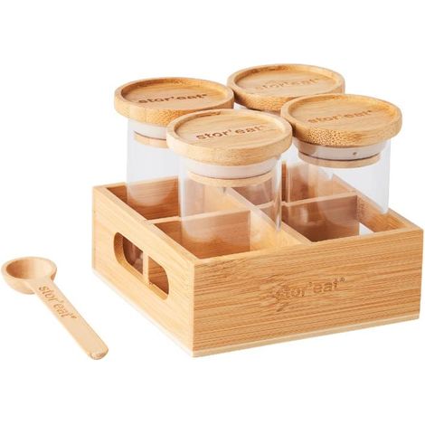 Bocaux A Epices - Lot de 4 - Pot A Epices en Verre avec Couvercle en Bambou - Socle de Rangement et Cuillère inclus - 90 ml (1/3)