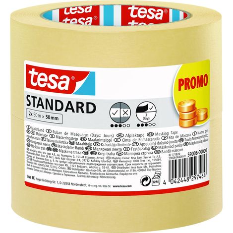 tesa Nastro per Mascheratura Standard - Nastro in Carta per Mascheratura, Rimozione senza Residui per 3 Giorni, senza Solventi, 2x 50 m x 50 mm (1/3)