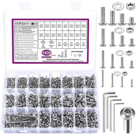 1430 Pcs Vis M2 M3 M4 M5 et Écrous,Vis à Tête Ronde Boulons et Écrous Set Jeu de Vis, Écrous et Rondelles à Tête Ronde à Six Pans Creux Argentés et 4 Clés,Acier Au Carbone 10.9 (1/5)