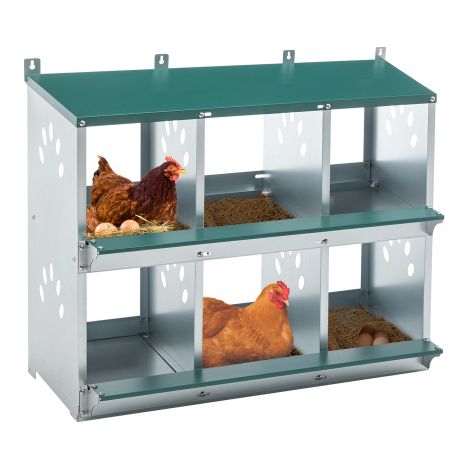 Nido per galline a 6 scomparti con design a 86° per il rotolamento delle uova: i nidi individuali con fondo inclinato facilitano la raccolta e proteggono dalle rotture. (1/5)
