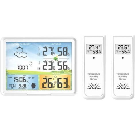 Station météo sans fil avec 2 capteurs extérieurs, Horloge radio Réveil intérieur et extérieur Température et humidité de l'air Station météo sans fil avec écran couleur pour salon (1/5)