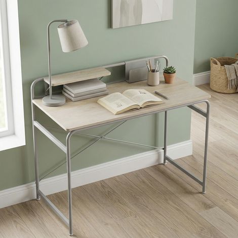 Mesa de Escritorio Moderno con Estante y Estructura de Metal Fácil Montaje 98x48x88,5 cm Roble (1/5)