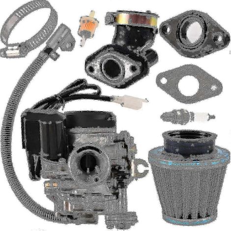 Carburateur GY6 50cc/49cc pour moteur 4 temps de scooter, quad, cyclomoteur ou kart (139QMB) : carburateur 18 mm, collecteur d’admission, filtre à air, filtre à essence, allumeur. (1/5)
